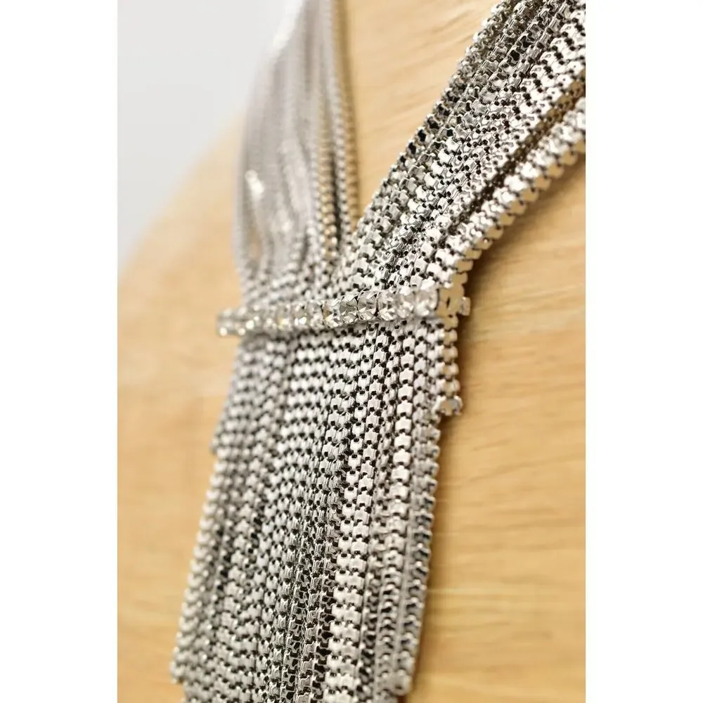 Vintage Y2K Fringe Necklace Crystal Multi-Chain Y-Drop Silver Tone Chunky Bin3B